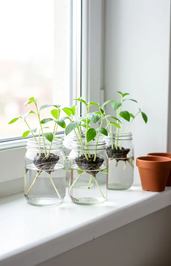 Apartment windowsill with renter-friendly propagation station showing multiple small plant cuttin