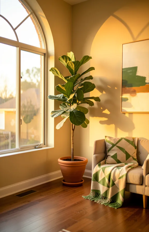 Corner of a living room with a single tall fiddle leaf fig in a terracotta pot