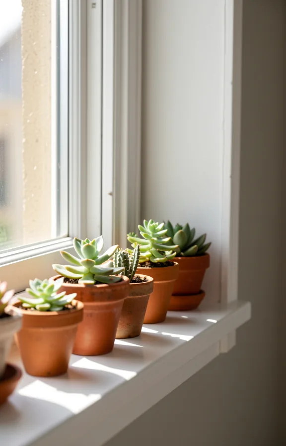 Sunny windowsill lined with small succulent plants in varied ceramic pots