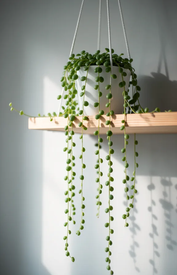 Wooden shelf with cascading string of pearls plant spilling over edges in a white hanging planter