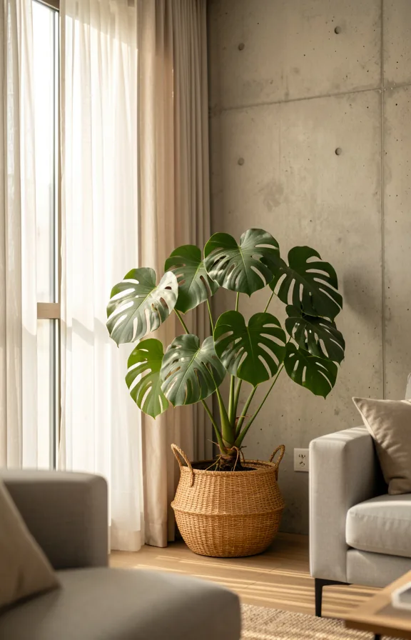 Modern living room featuring a large monstera deliciosa in a woven basket pot near a tall window