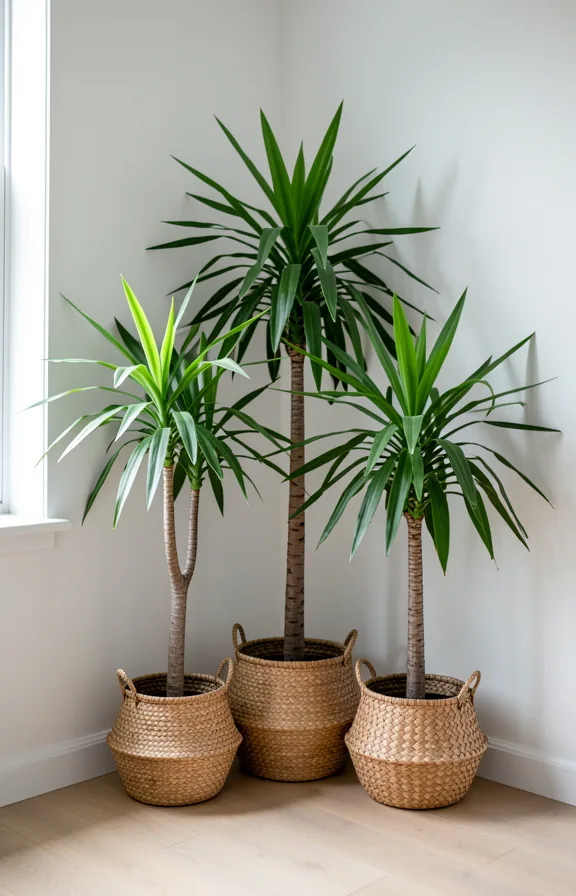 Three dracaena plants of varying heights grouped together in a corner nook