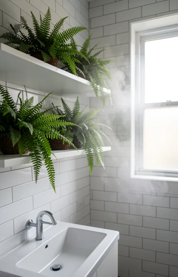 Bathroom with lush fern plants on white floating shelves above sink
