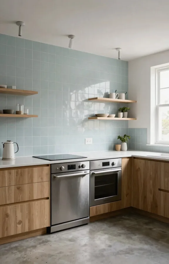 pale blue peel-and-stick tiles covering backsplash behind white quartz countertop