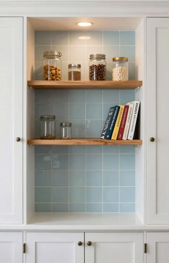 Shaker style pantry alcove, pale blue peel-and-stick tiles arranged neatly behind open shelving