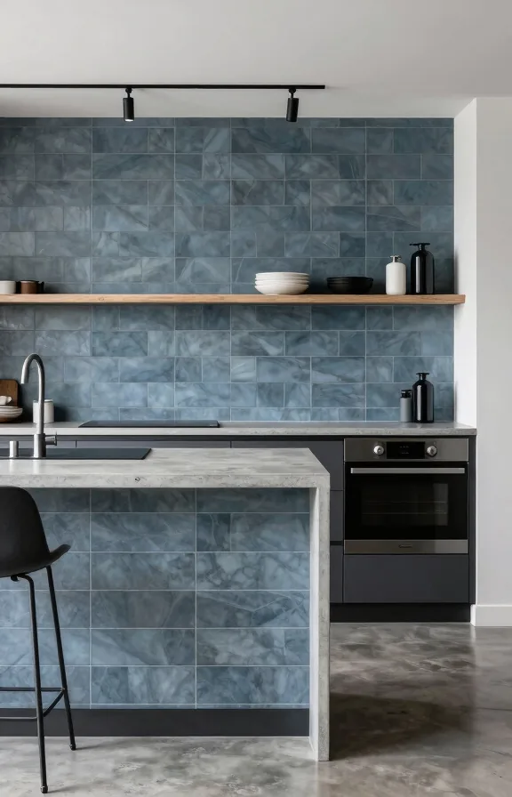 Contemporary kitchen counter, slate-blue peel-and-stick tiles with matte finish on backsplash