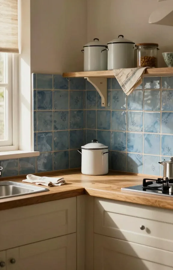 Cottage core kitchen corner, vintage-inspired blue peel-and-stick tiles with subtle floral pattern