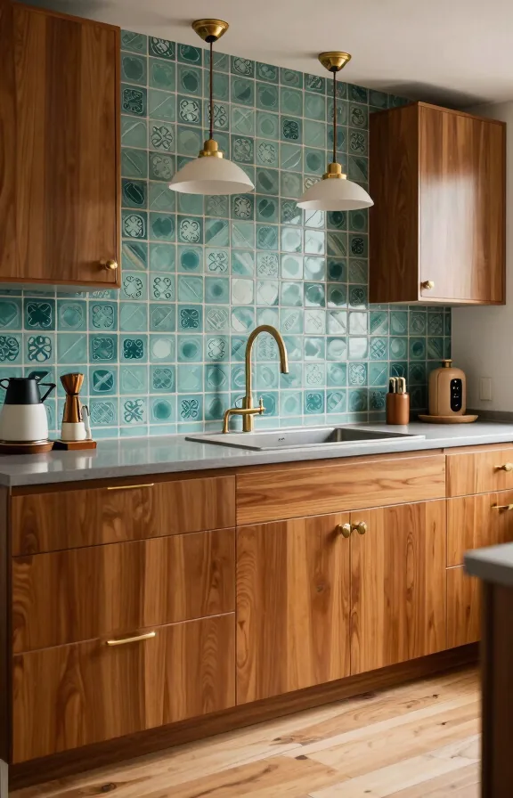 Mid-century modern kitchen, teal peel-and-stick tiles in retro pattern on backsplash