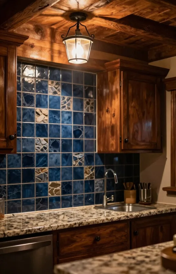 Rustic lodge kitchen space, navy-blue peel-and-stick tiles with stone texture on backsplash