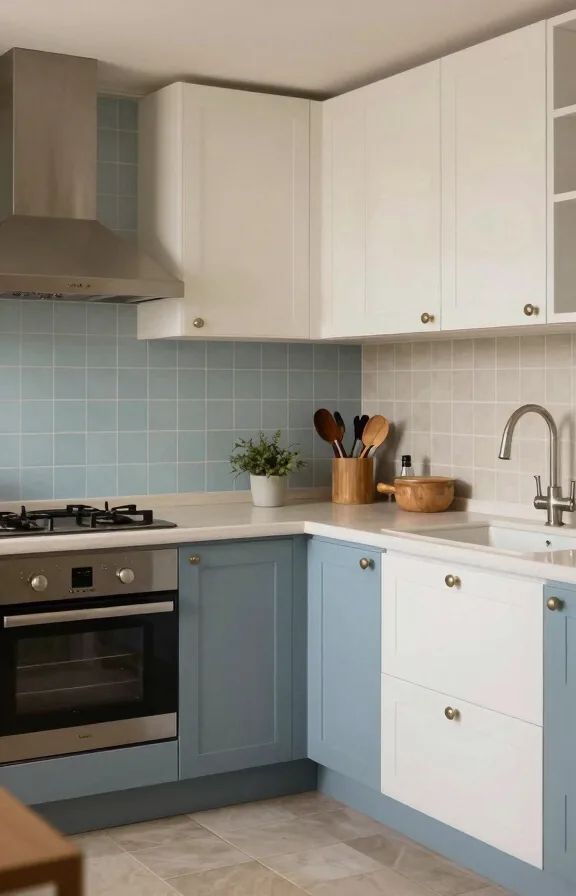 Transitional two-tone galley kitchen, soft blue peel-and-stick tiles on one wall