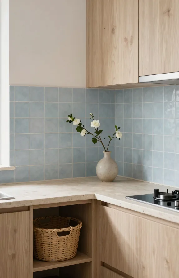 Japandi kitchen corner, pale indigo peel-and-stick tiles with minimalist design