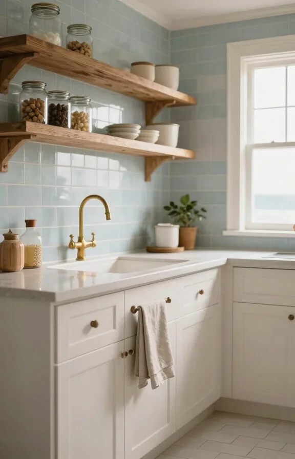 Full kitchen view, sky-blue peel-and-stick subway tiles on backsplash