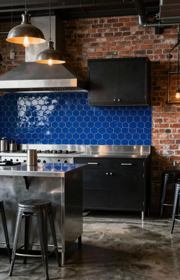 Industrial kitchen scene, deep cobalt peel-and-stick hexagon tiles behind stainless steel countertop