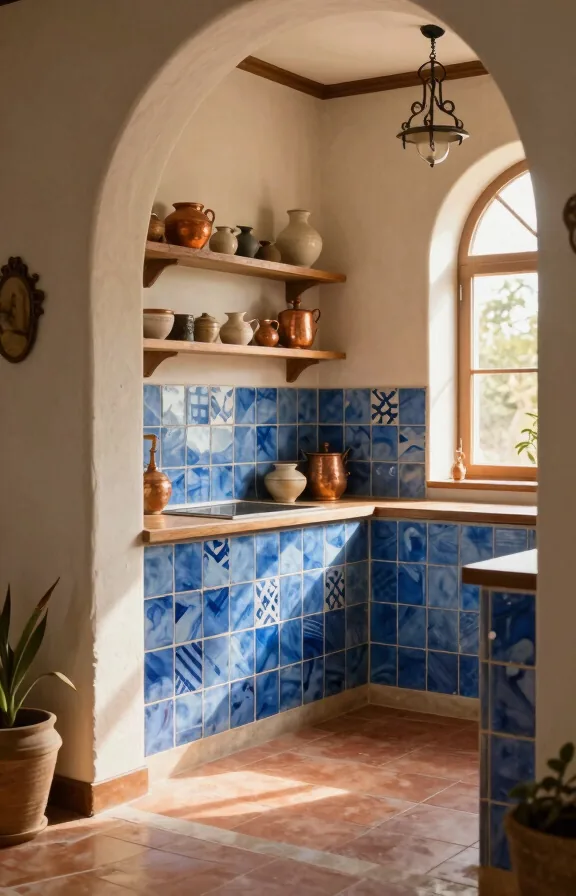 Mediterranean kitchen interior, hand-painted-style blue peel-and-stick tiles with geometric patterns