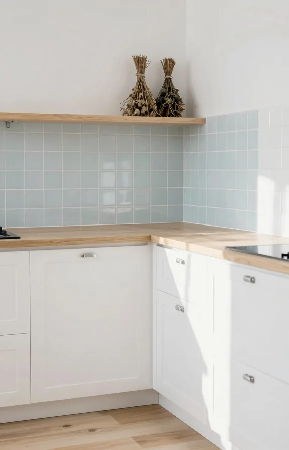 Scandinavian kitchen corner, pale icy-blue peel-and-stick tiles in grid pattern on backsplash