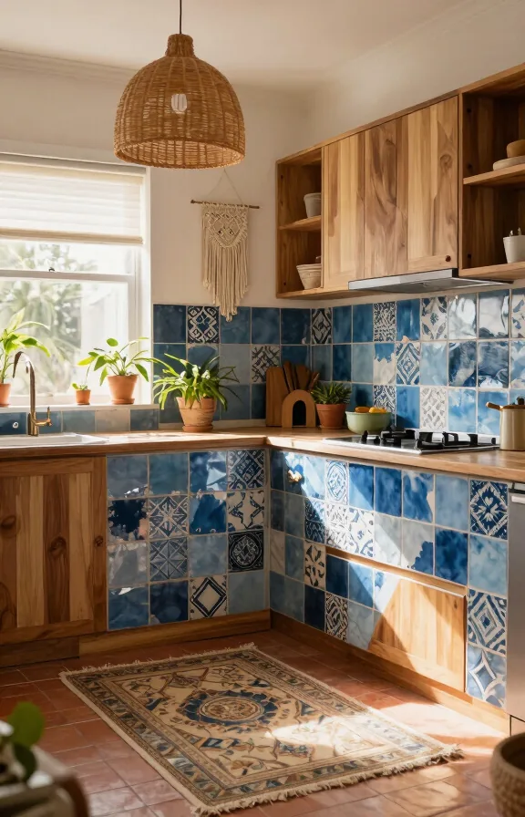 Eclectic galley kitchen, mixed pattern blue peel-and-stick tiles with bohemian geometric prints