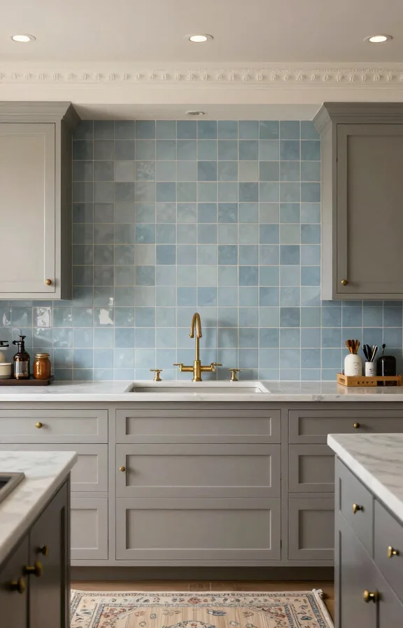 Transitional kitchen view, soft cornflower-blue peel-and-stick tiles on backsplash