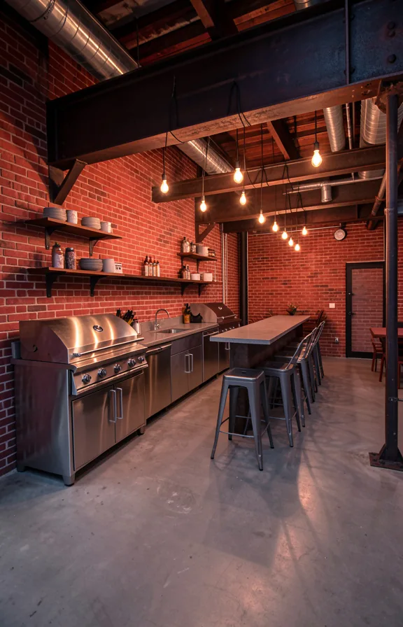 stainless steel appliances and countertops, polished concrete flooring