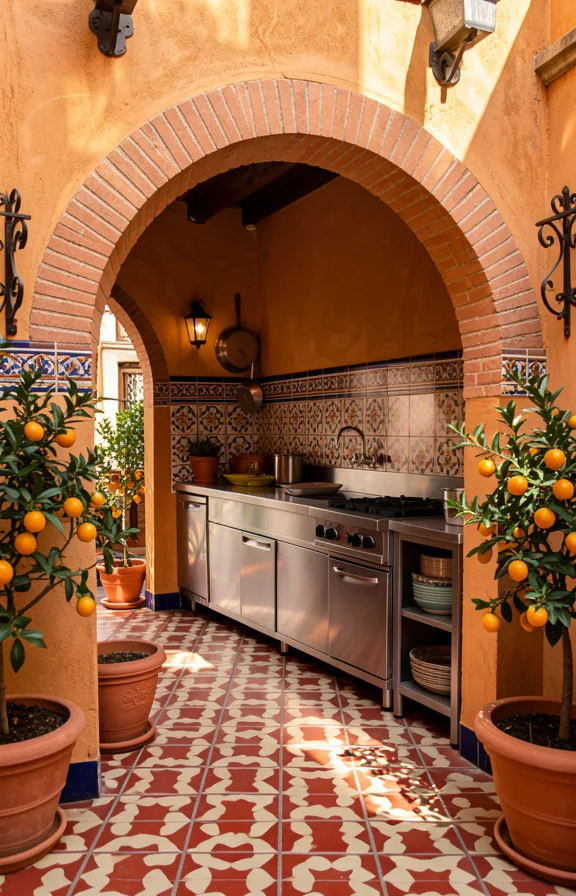 Spanish colonial courtyard kitchen with ochre clay brick archway and walls