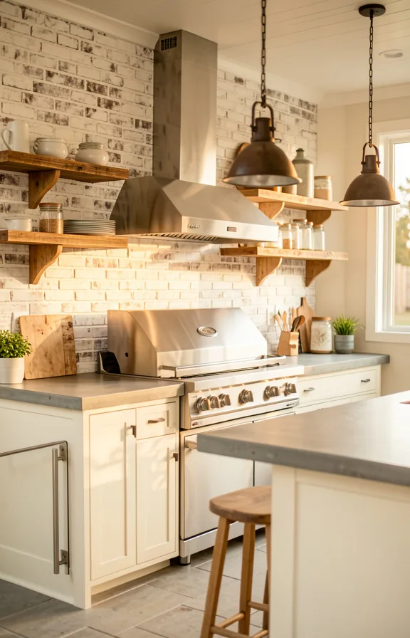 Modern farmhouse outdoor kitchen with whitewashed brick backsplash accent