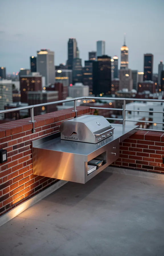 Urban rooftop cooking platform with exposed brick parapet walls