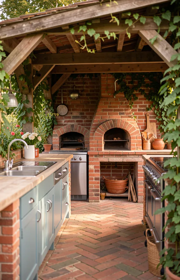 English cottage garden kitchen with traditional brick bread oven