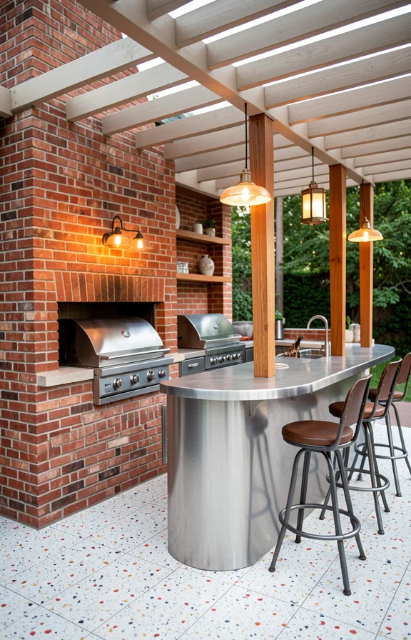 Mid-century outdoor kitchen with exposed brick corner fireplace