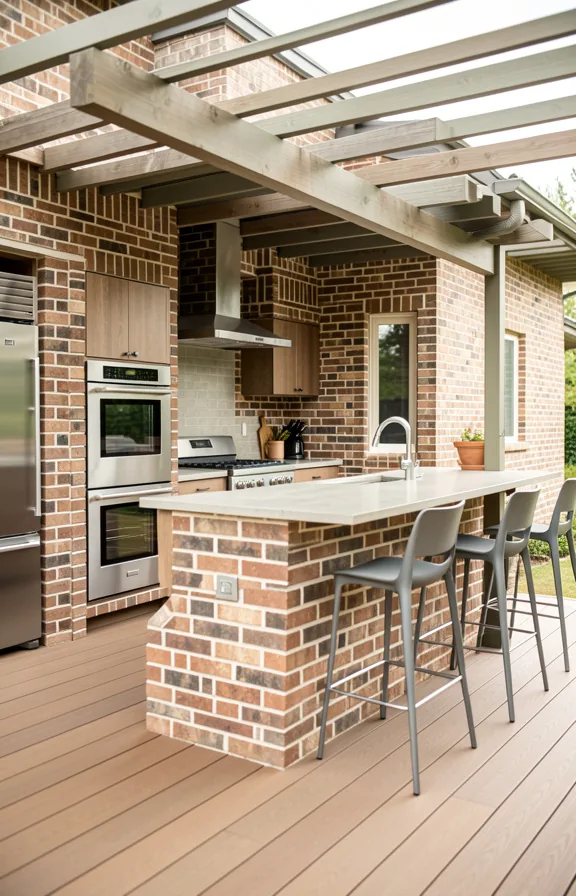 Transitional brick island kitchen with mixed bond brick exterior