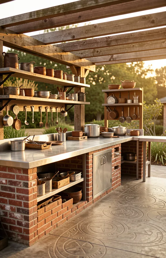 Sustainable salvage outdoor kitchen workshop with reclaimed red brick base