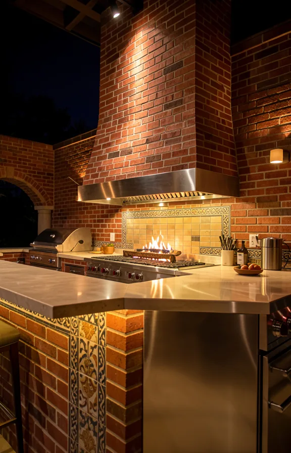 Glamorous brick outdoor bar and kitchen with dramatic fireplace tower