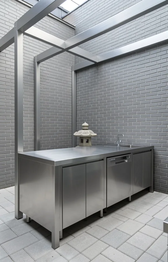 Japanese-inspired steel courtyard kitchen with minimalist stainless steel work counter