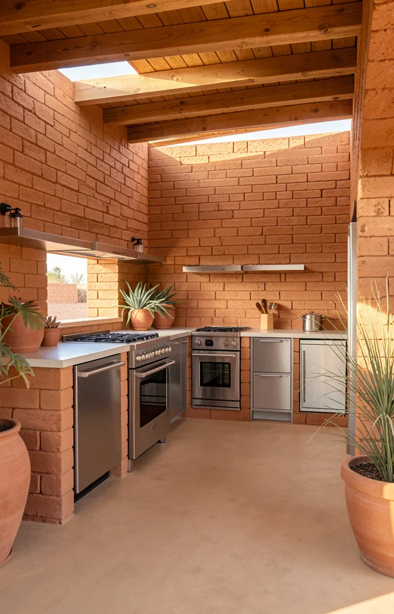 Desert modern brick pavilion kitchen with thick adobe-style clay brick walls