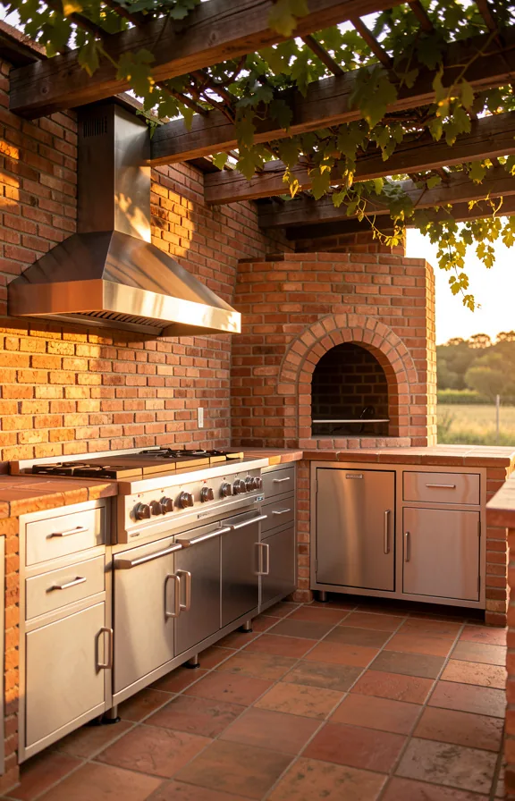 Full outdoor kitchen with tuscan clay brick backsplash