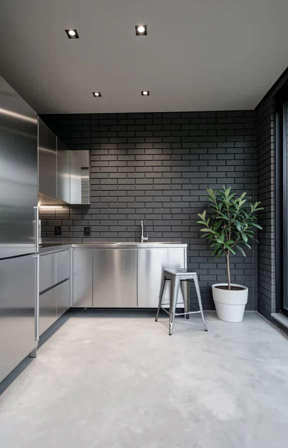 Sleek modern patio with minimalist stainless steel cabinetry and surfaces