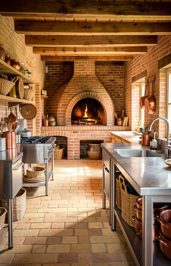 Expansive farmhouse brick kitchen with wide wood-fired brick oven