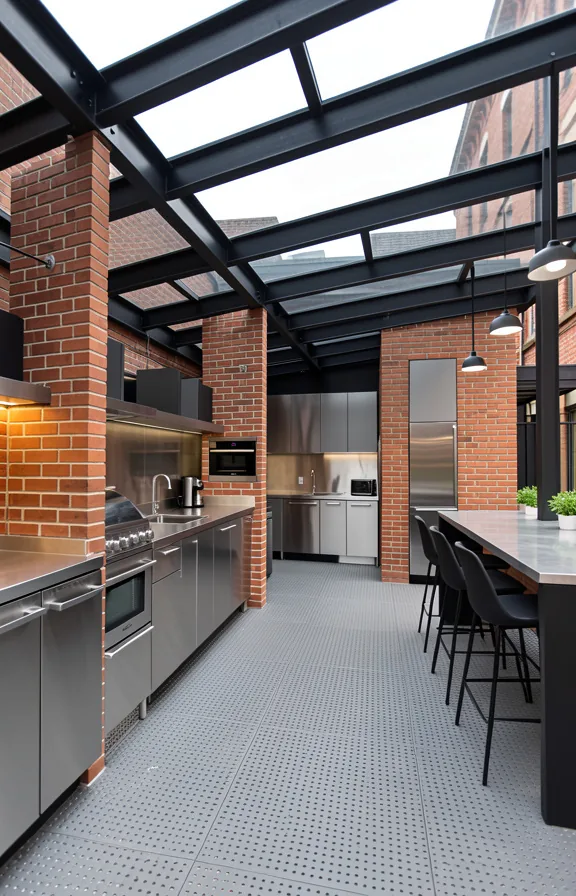 Contemporary steel-framed outdoor structure with open-concept kitchen
