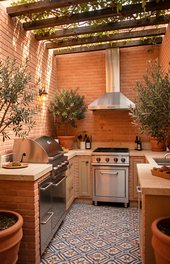 Mediterranean courtyard kitchen featuring thick clay brick walls in soft terra cotta