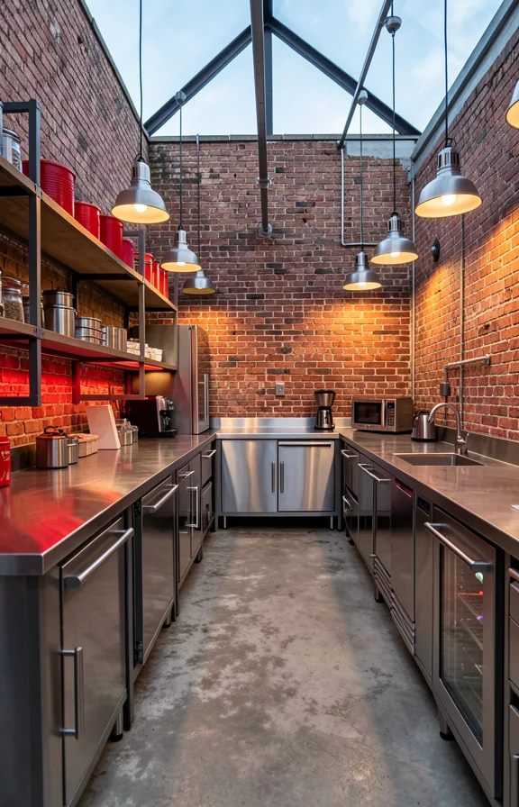 Full warehouse-style outdoor galley with raw brick end wall