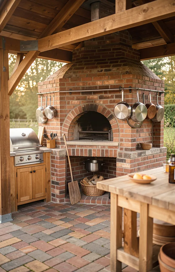 Craftsman patio kitchen featuring traditional hand-laid brick oven and surround