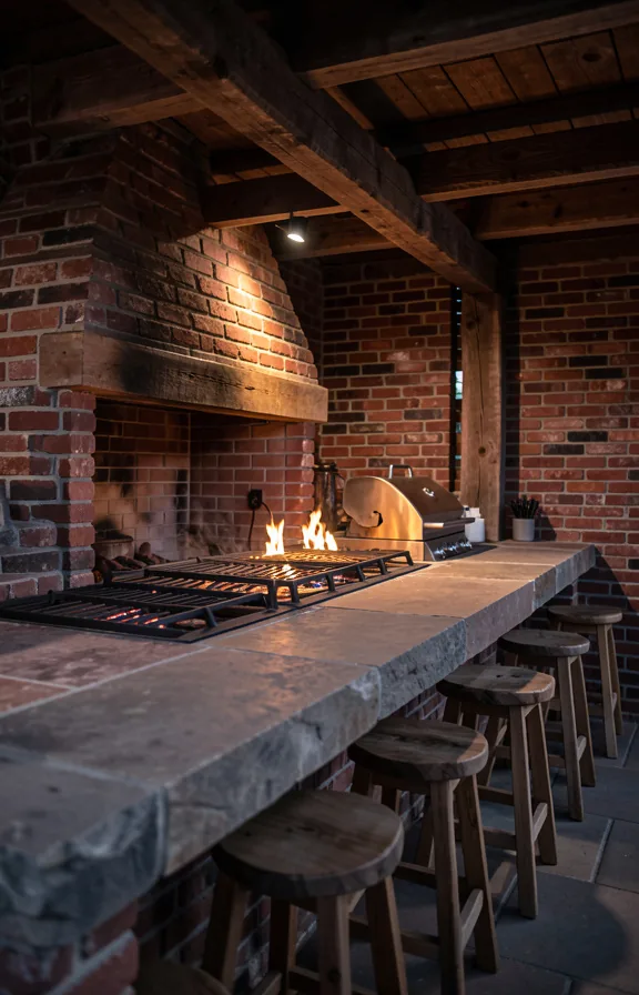 heavy timber beam structure overhead, cast iron cooking grates