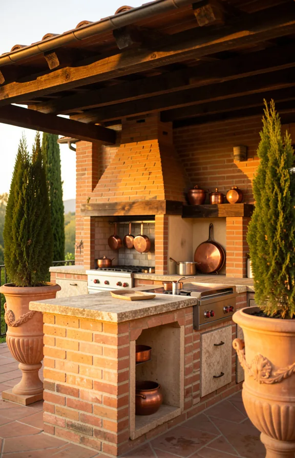 Tuscan villa outdoor kitchen with aged terracotta brick