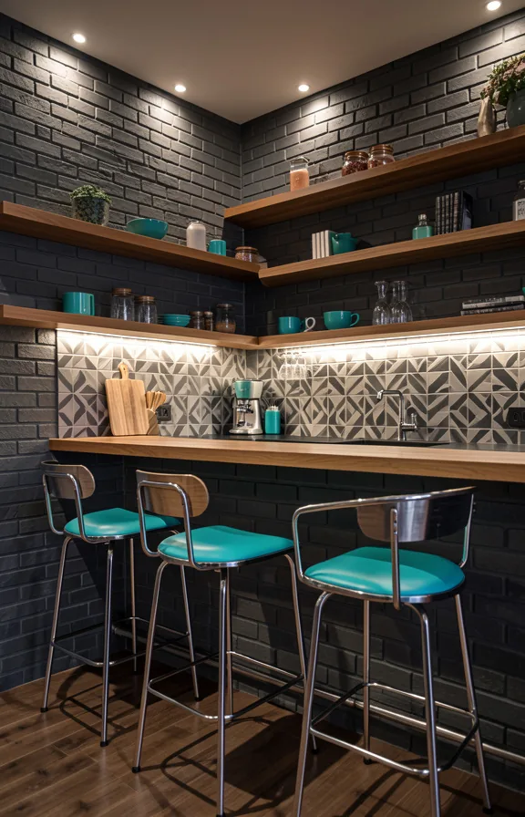 Mid-century modern brick bar kitchen with charcoal brick walls