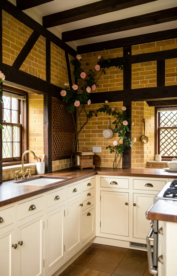 English country manor kitchen with honey coloured brick