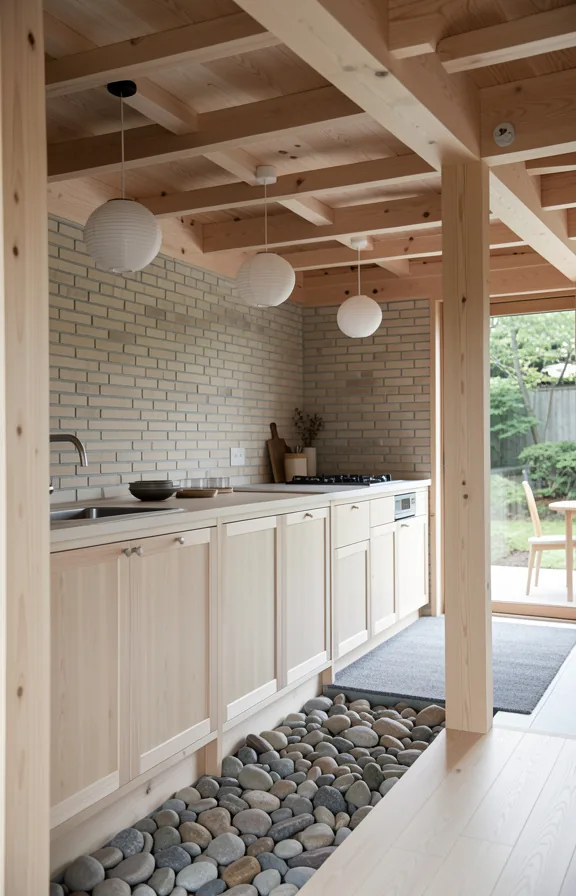Japanese timber garden house kitchen with natural wood construction