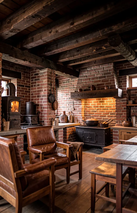 Western lodge stone kitchen with stacked brick walls