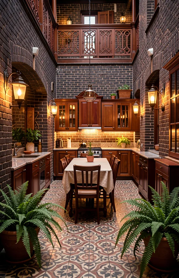 Victorian brick courtyard dining kitchen with ornate dark brick walls