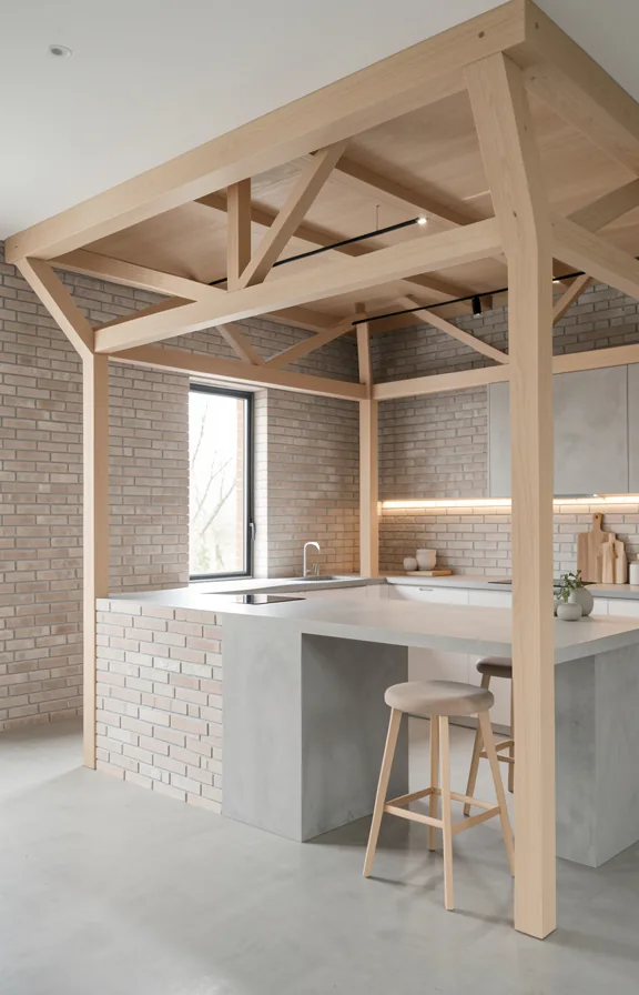 Modernist timber canopy station kitchen with geometric light wood frame