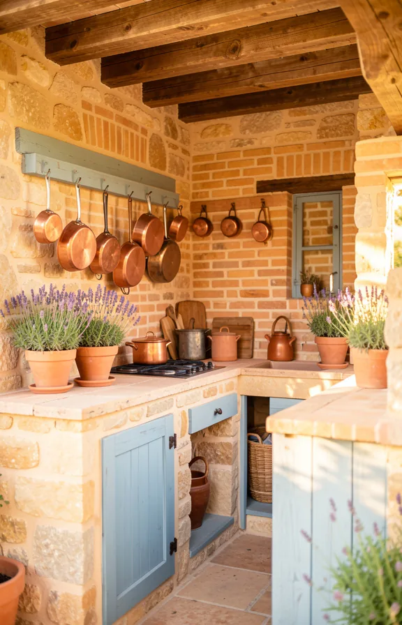 Provençal stone outdoor galley kitchen with warm honey brick