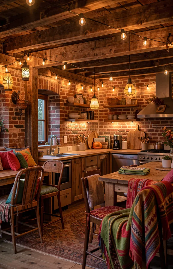 Bohemian brick and wood retreat kitchen with mixed salvaged brick textures