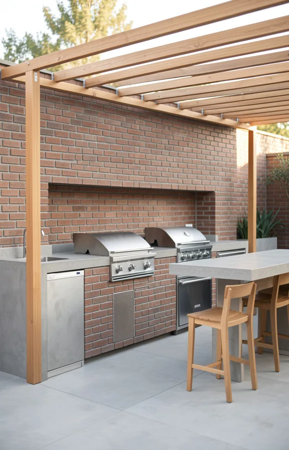 Full view minimalist brick outdoor kitchen with clean lines